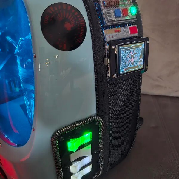 Imperial tech backpack cosplay prop with embedded interactive display